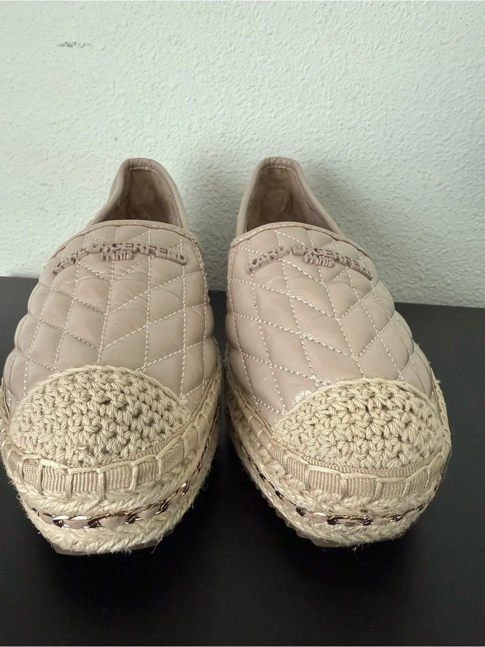 KARL LAGERFELD PARIS Desta Quilted Leather Slip-On Espadrille Platform Flat
